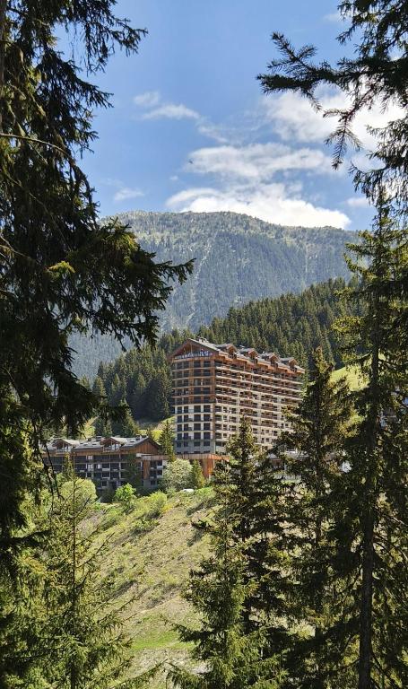 a large building on top of a hill with trees at Appartement l'Ariondaz in Courchevel
