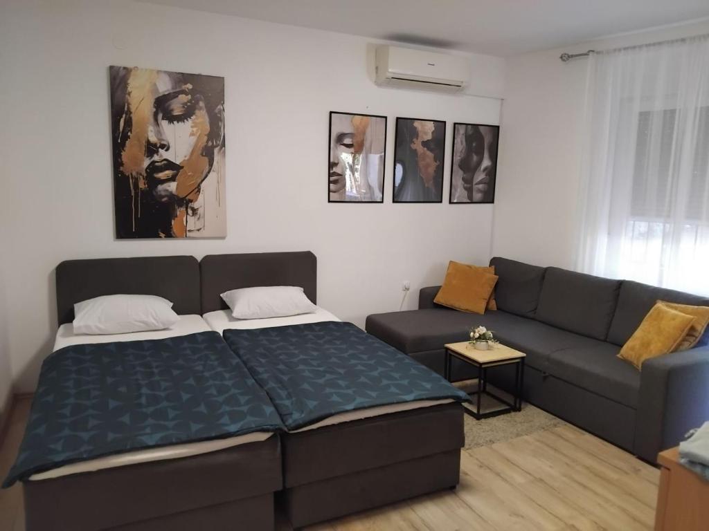 a bedroom with a bed and a couch at Apartman Vanja in Rijeka