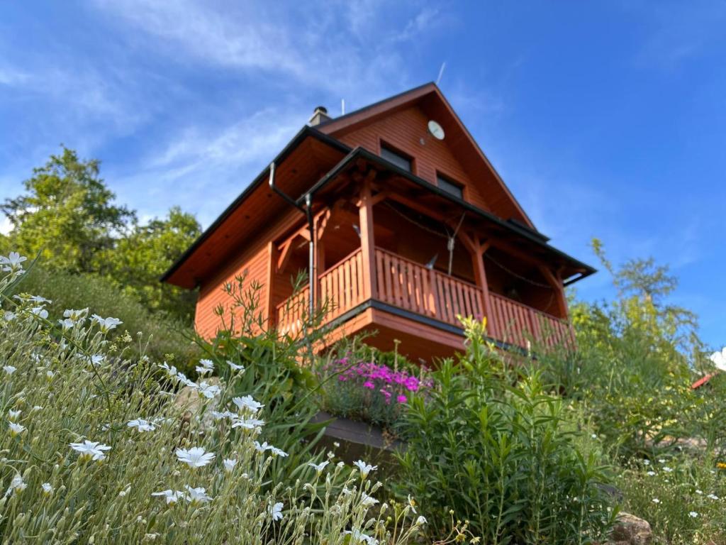 a house on top of a hill with flowers at Chata Johanka & Sauna in Jevíčko
