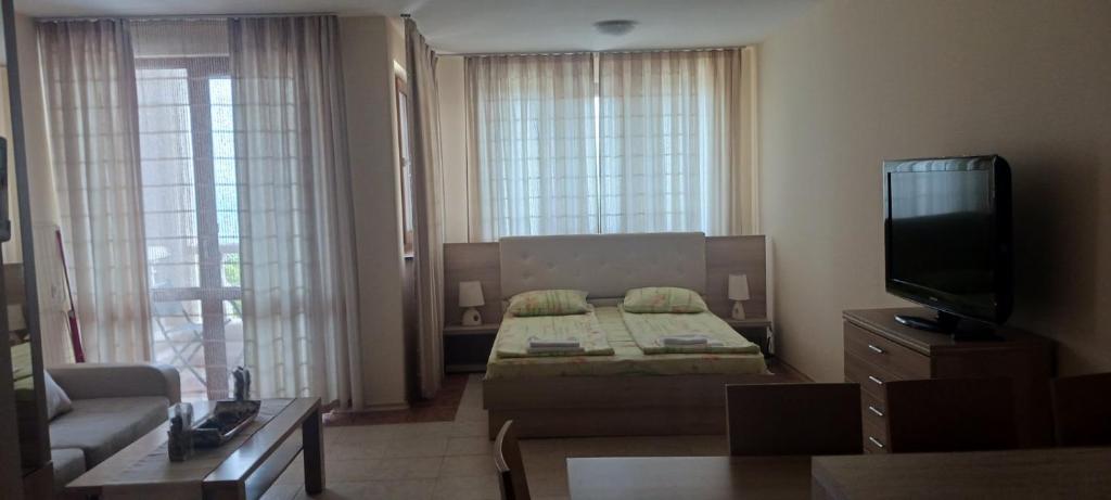 a living room with a couch and a tv in a room at Студио Лукс in Byala
