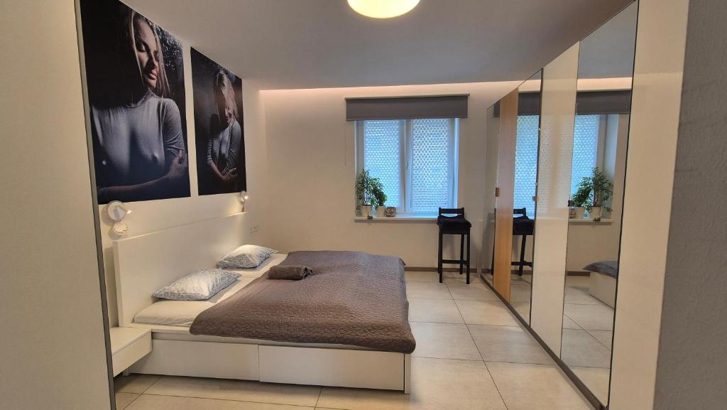 a bedroom with a large bed and a mirror at Soukromý pokoj pro 2 se sdílenou koupelnou a kuchyni Bezručova in Hradec Králové