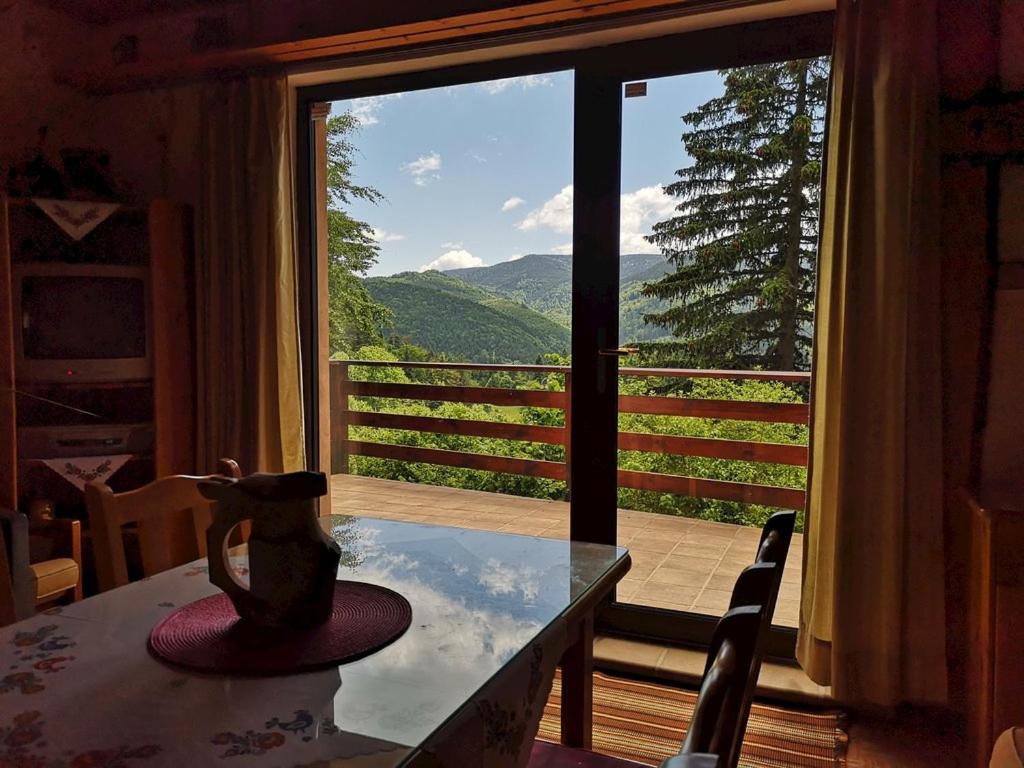 a table with a vase sitting on it in front of a window at Chata Panorama in Čremošné