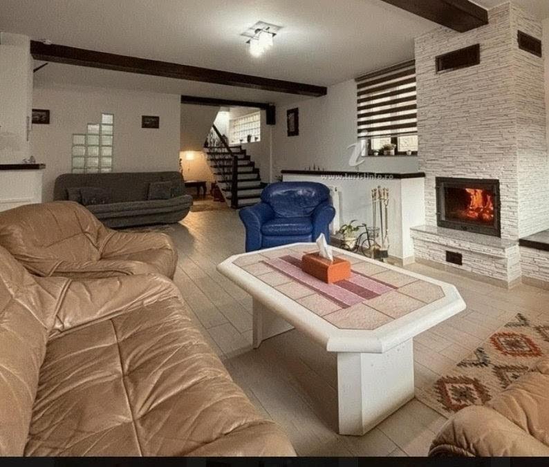 a living room with a couch and a fireplace at Skyline Villa in Azuga