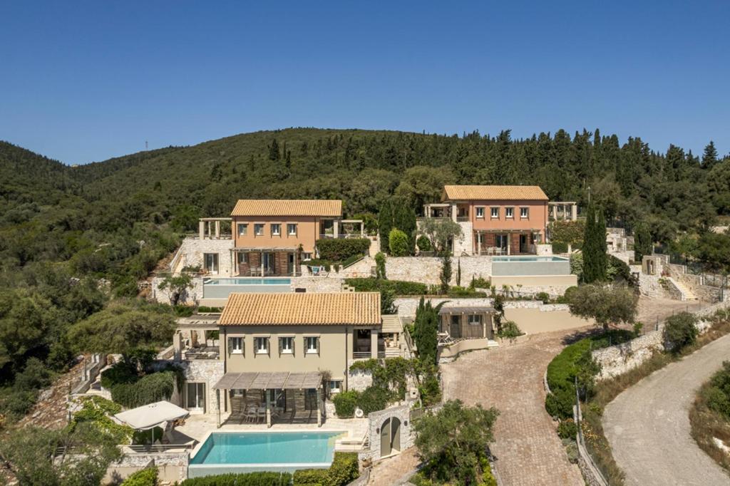 an aerial view of a house with a swimming pool at Fiscardo View Villas in Fiskardo