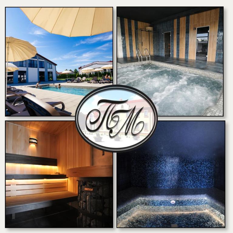 a collage of pictures of a pool and a house at Підгорецький маєток - готель in Pidhirtsi