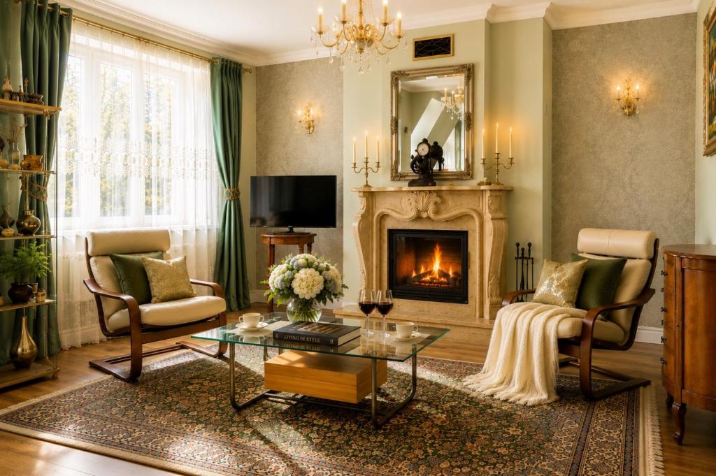 a living room with a fireplace and a table at Apartament Pers - komfortowy relaks przy kominku i klimatyzacji in Szczawno-Zdrój