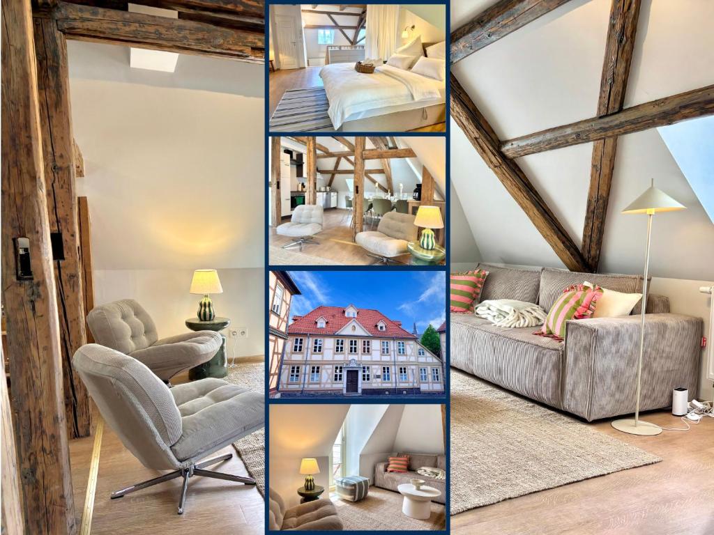 a collage of pictures of a living room at HyggeLiving - 120qm - Boxspringbetten - 55" Smart TV - Küche - Parkplatz - bis 8 Pers - BESTLAGE in Wernigerode