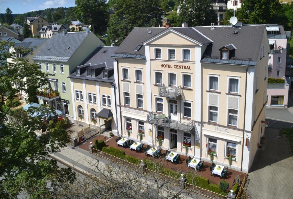 an aerial view of a hotel in a city at Hotel Central in Bad Elster