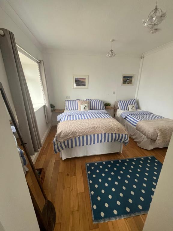 a bedroom with two beds and a blue rug at Vickers in Talbenny