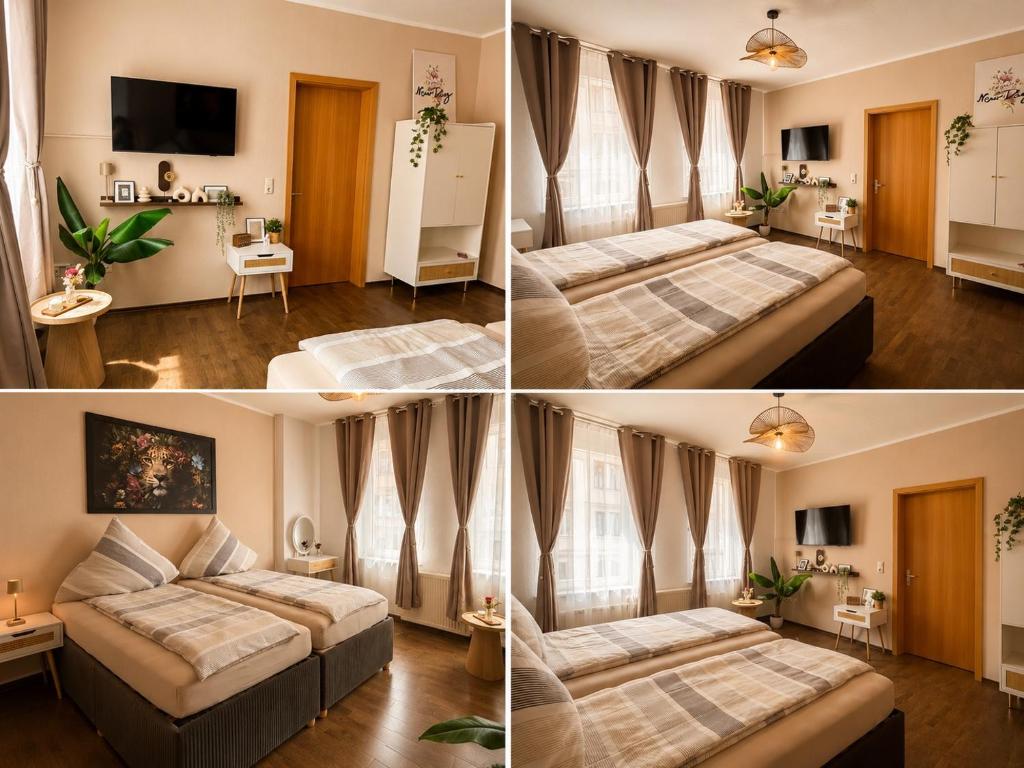 four pictures of a bedroom with two beds and a couch at Pension J&M in Meißen