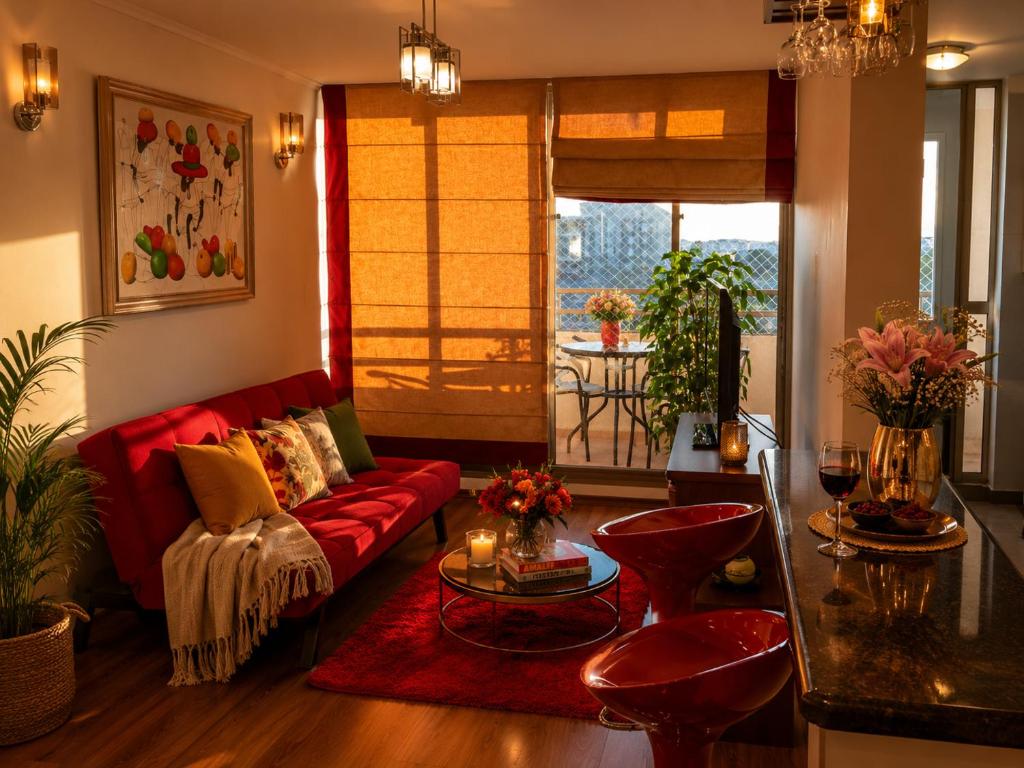 a living room with a red couch and a table at Apartamento Castilla in Viña del Mar