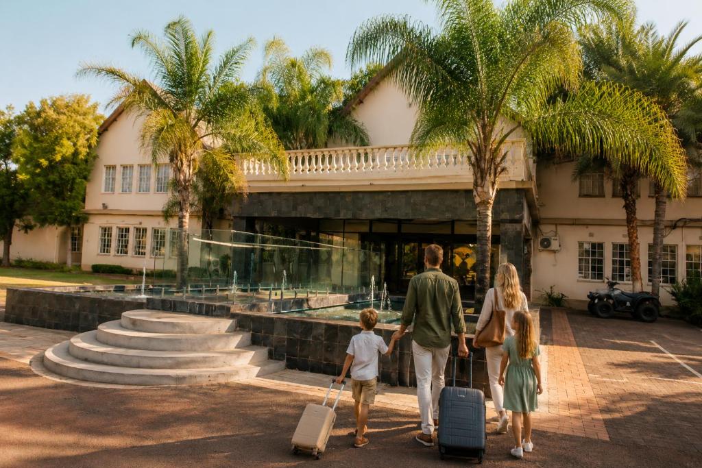 a family walking in front of a building with luggage at Sundown Country Estate in Boshoek