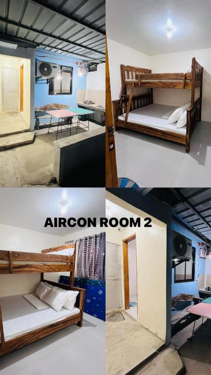 a group of four pictures of a room with bunk beds at R-M Beach Resort in Bolinao