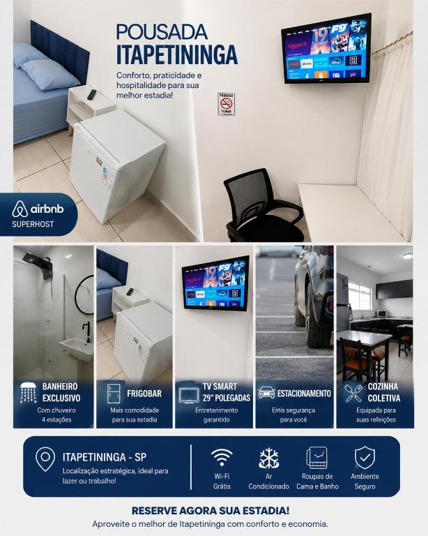 a collage of pictures of a room with a tv at Apartamentos-3-6-8-Pousada Itapetininga in Itapetininga