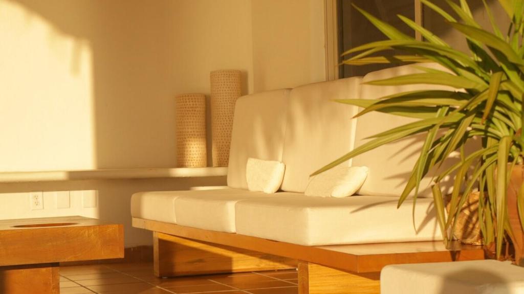 a white chair in a living room with a potted plant at Aguamiel Manzanillo in Puerto Escondido