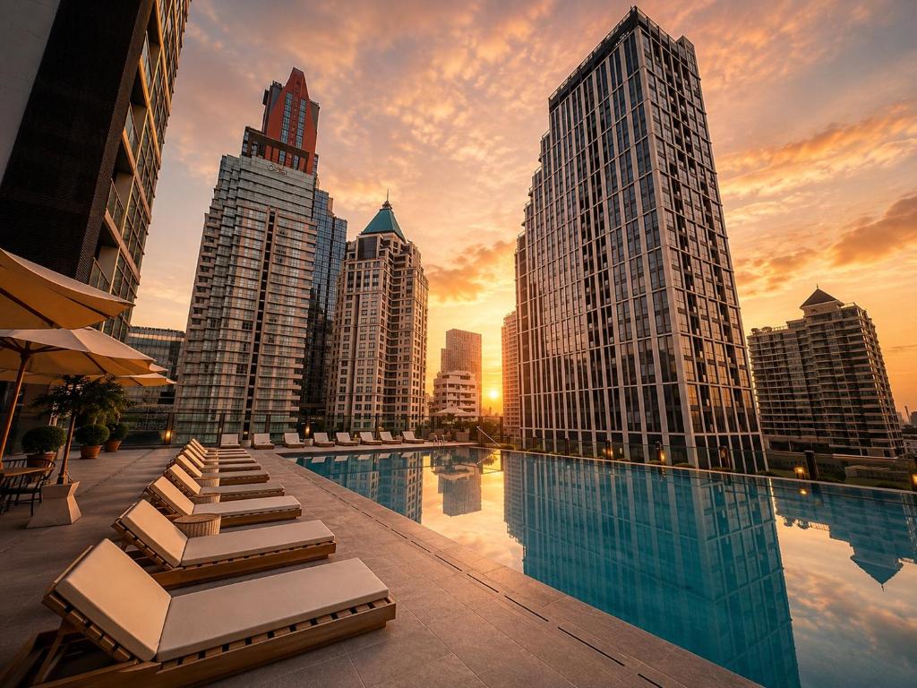 a pool with lounge chairs and a city skyline at Urbana Sathorn Hotel, Bangkok in Bangkok
