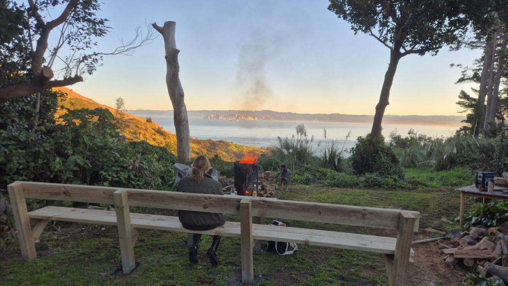 a woman sitting on a bench looking out at the water at Turanga Heights in Gisborne