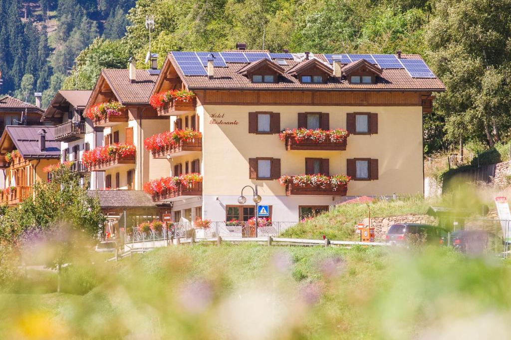 a building with solar panels on top of it at Hotel Pezzotti in Pellizzano