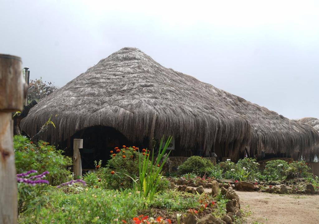 a grass hut with a bunch of flowers in a garden at EKa Forest in Vattavada
