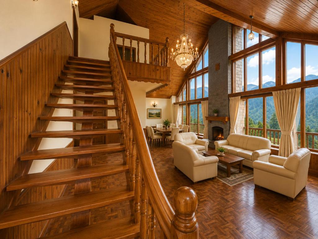 a large living room with a staircase and a living room at Royal Kalinga Cottage near volvo bus stand, Manali - Best Property of Manali 2025-26 in Manāli