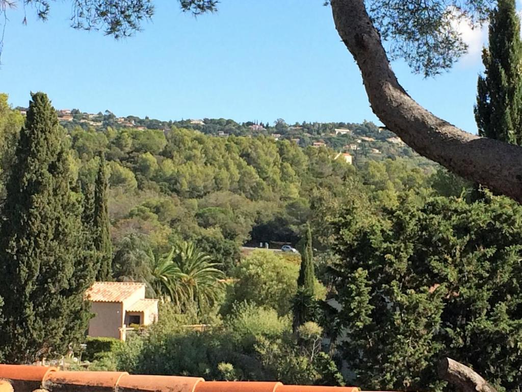 uma vista para uma colina com árvores e uma casa em Hôtel De La Mer em La Croix-Valmer