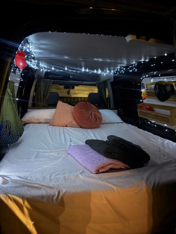 a bed in the back of a van with lights at Caddy Car in Brisbane