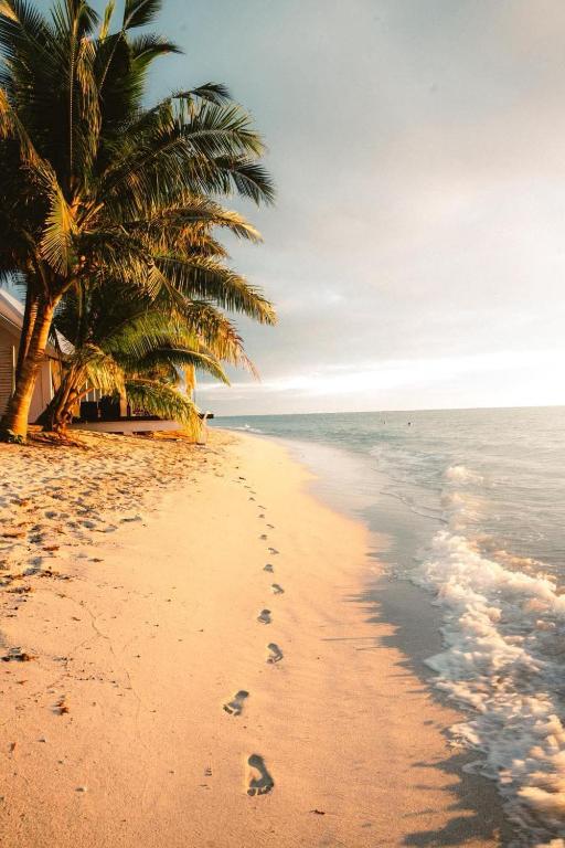 a beach with palm trees and footprints in the sand at Lauiula Beach Club in Pu‘apu‘a