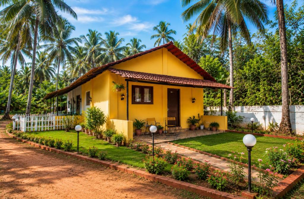 a yellow house with palm trees in the background at Vinsons Cottages in Colva