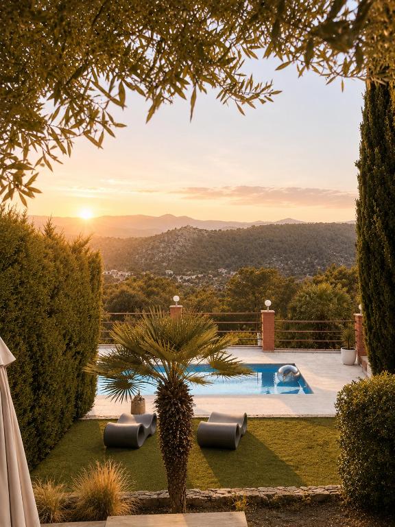 a villa with a pool and a palm tree at Villa Wanderlust Sitges Hills Exclusive pool only families in Olivella
