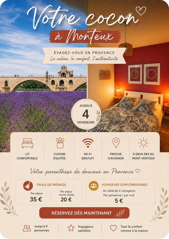 a flyer for a hotel room with a bed and purple flowers at Harmonie in Monteux