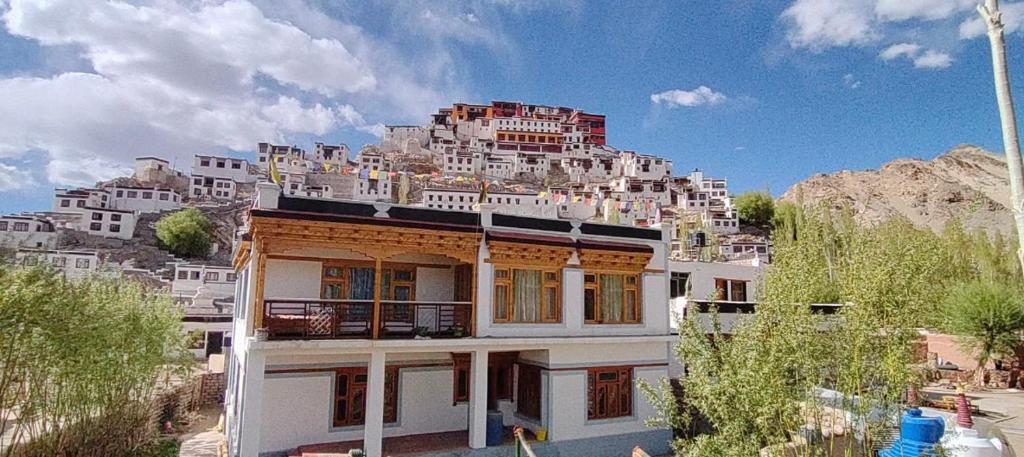 a white building with a hill on top of it at Tsetanpa homestay in Leh