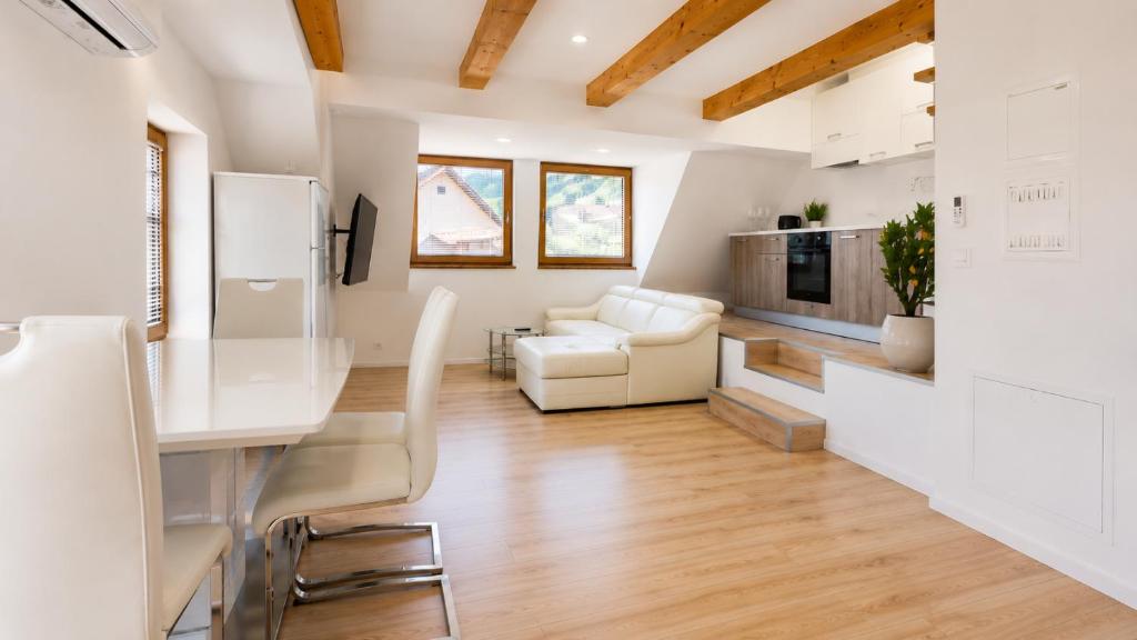 a kitchen and living room with a table and a couch at Valora Central Apartment in Vrhnika