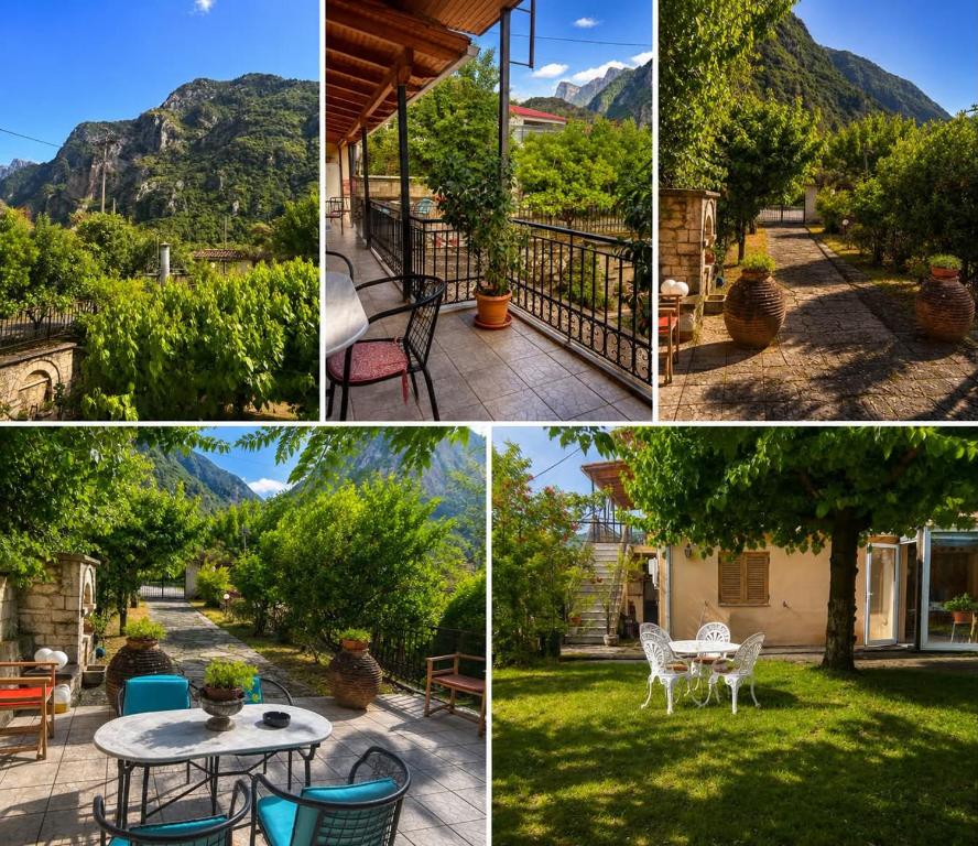 a collage of photos of a patio with mountains at Epavlis Elena in Konitsa
