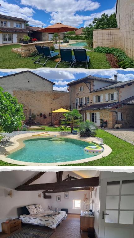two pictures of a house with a swimming pool at La Belle Bourguignonne in Crêches-sur-Saône