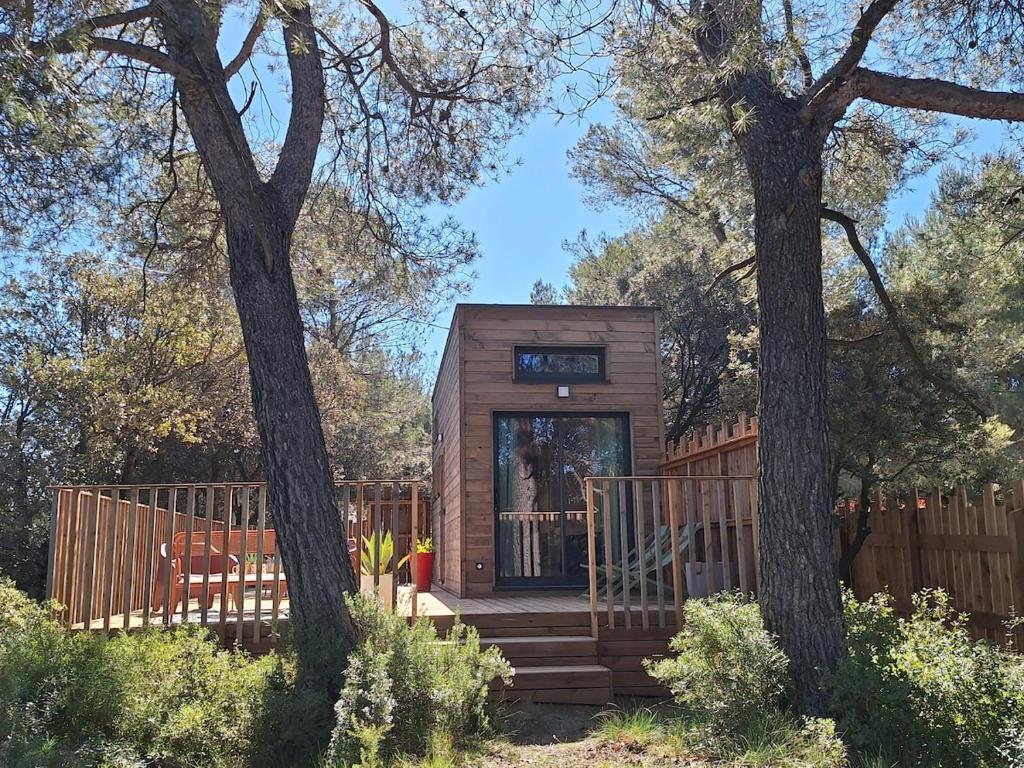 a tiny house in the woods with trees at Tiny House L'esquirou in Pourrières