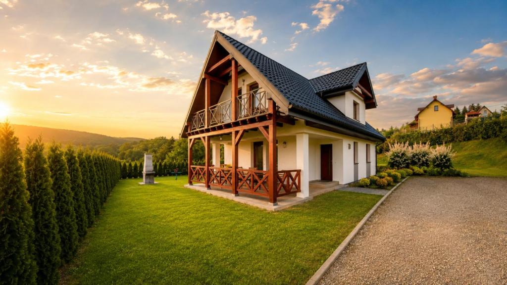 a house with a black roof on a green lawn at Rapiszka in Polańczyk