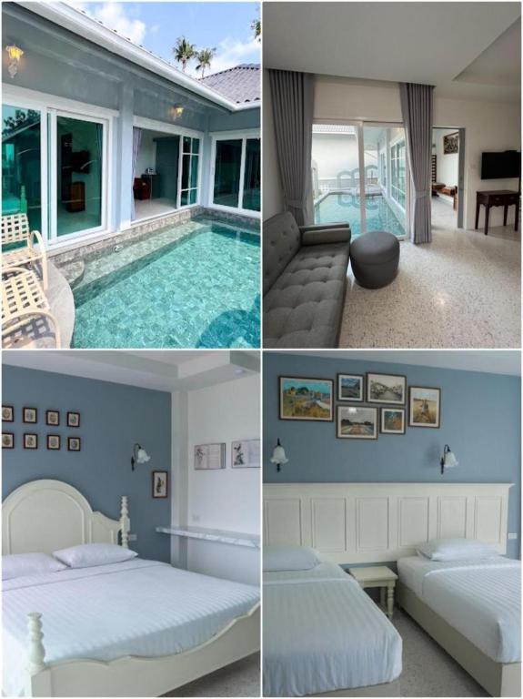 a collage of three pictures of a bedroom and a pool at Sichon Goodwill in Sichon