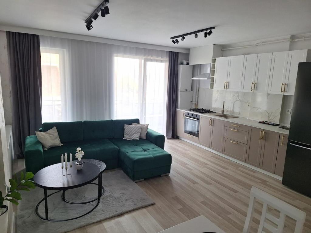 a living room with a green couch and a table at Cozy apartment! in Floreşti