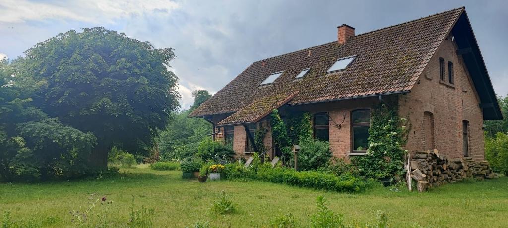 an old brick house sitting in a field at Forsthaus Stagnieß in Ueckeritz
