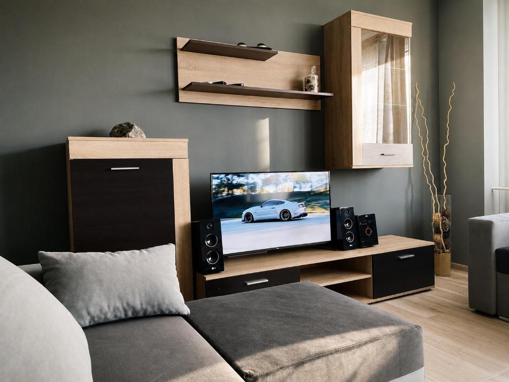 a living room with a flat screen tv and a couch at BAIO Apart Sapphire in Libiąż