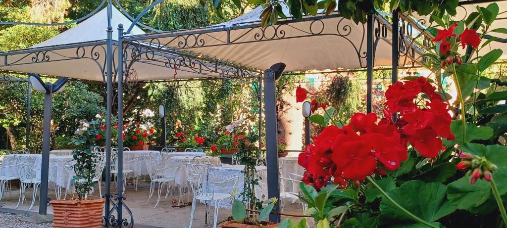 a group of tables and chairs with red flowers at Hotel Pensione Moderna in Bonassola