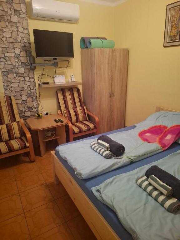 a bedroom with two beds and a tv and a chair at Juci Home Apartman in Vonyarcvashegy