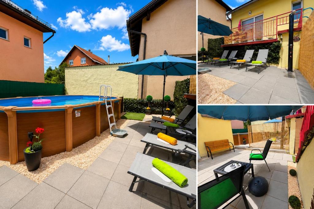 a patio with a swimming pool and an umbrella at Apartman Josip with Pool in Gospić