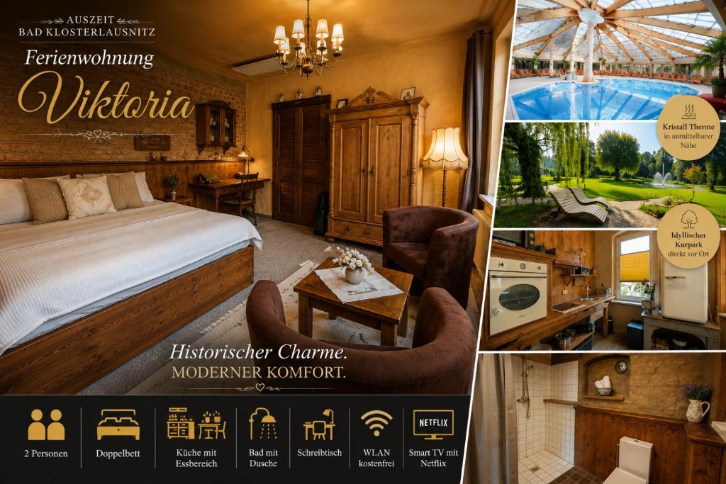 a collage of pictures of a hotel room at Ferienwohnung Viktoria - Vintage Apartment in Bad Klosterlausnitz