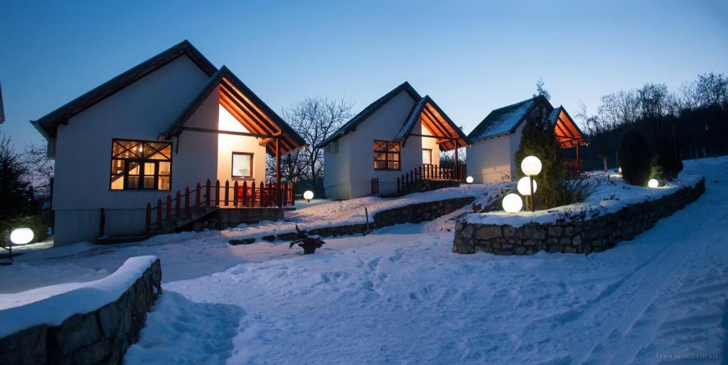 eine Gruppe von Häusern im Schnee in der Nacht in der Unterkunft Holiday Home Jazacka Bajka in Vrdnik