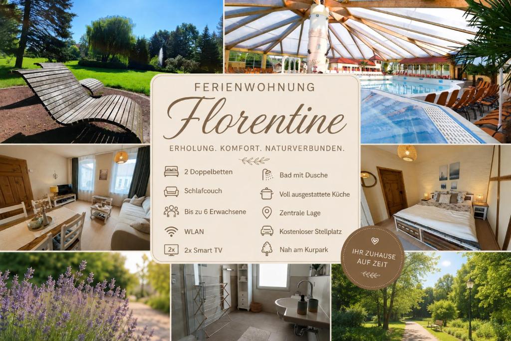 a collage of photos with a sign and a pool at Ferienwohnung Florentine mit 2 Schlafzimmern in Bad Klosterlausnitz