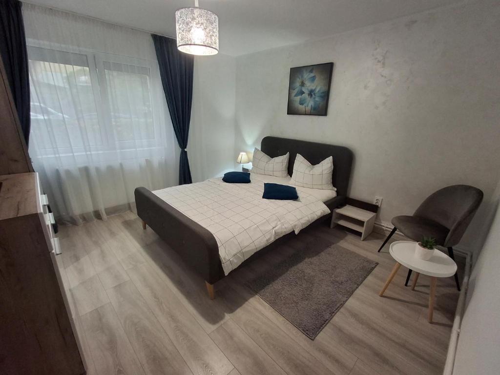 a bedroom with a bed and a table and a chair at Criss Apartament Central in Deva