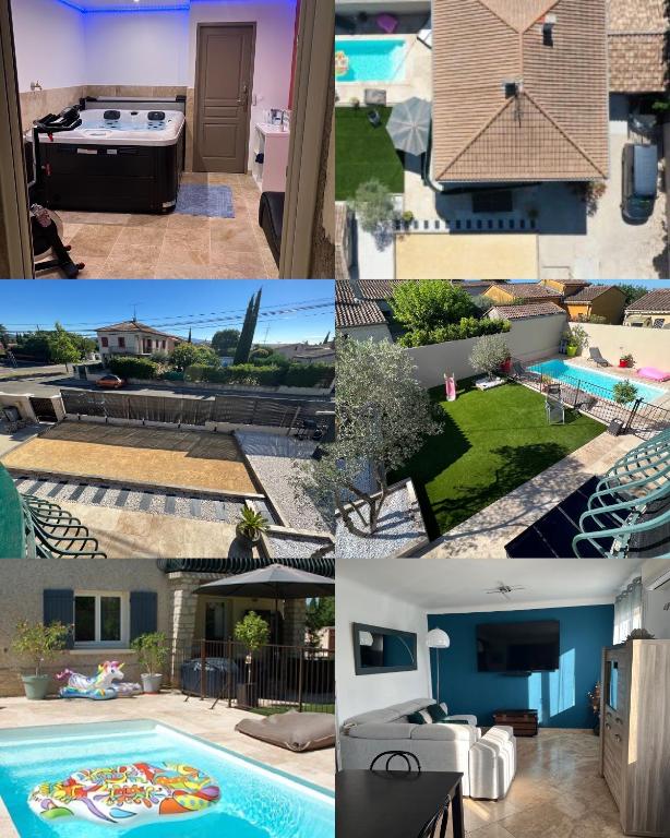 a collage of photos of a house and a swimming pool at La villa castellas in Carpentras