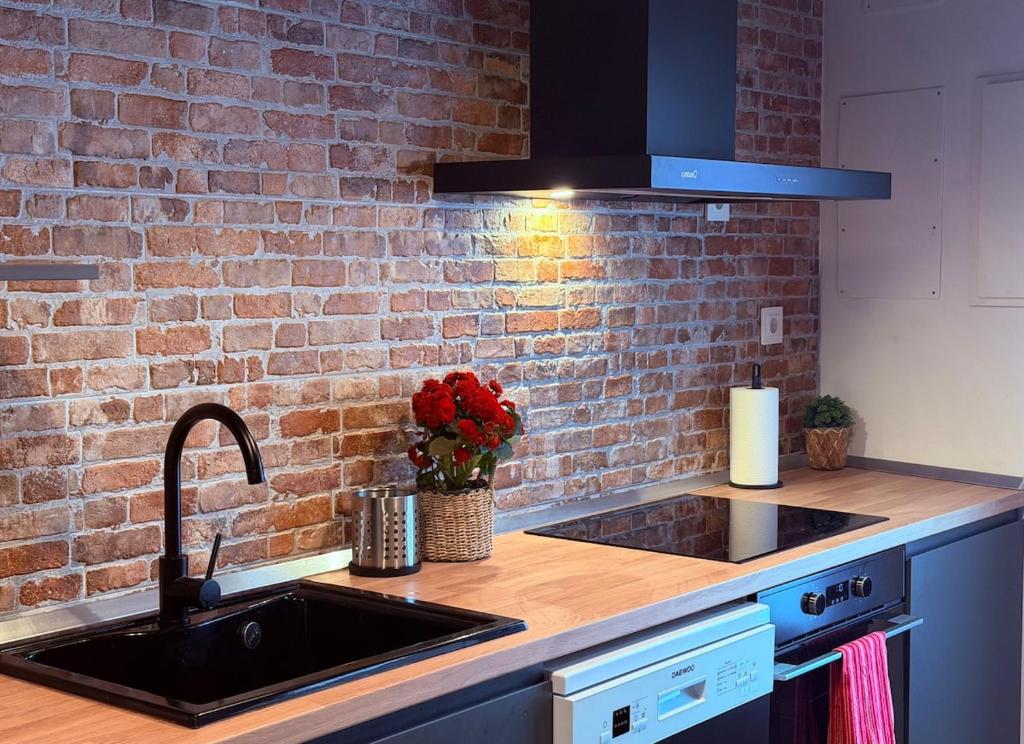 a kitchen with a sink and a brick wall at El Rincón de María II in Torrecilla en Cameros