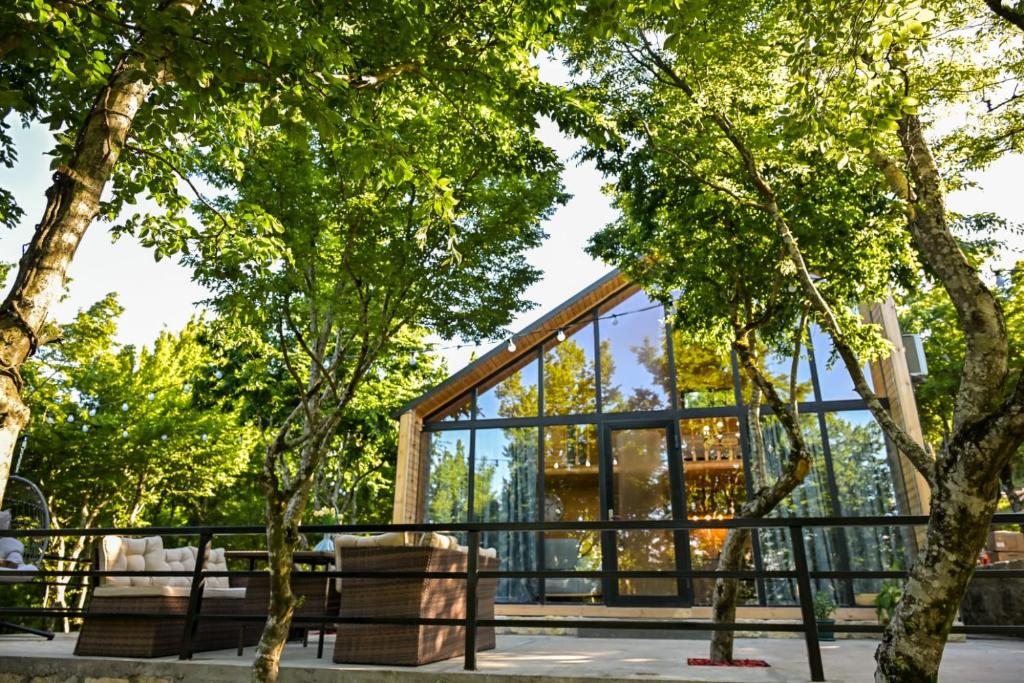 a glass house in the trees at Verde Motsameta in Motsameta